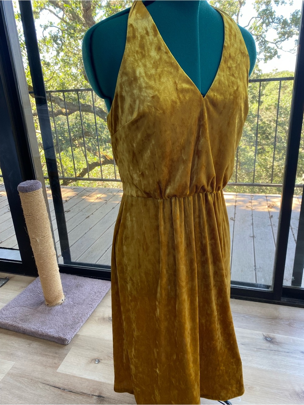 Avec Les Filles Mustard Gold Velvet Halter Midi Dress